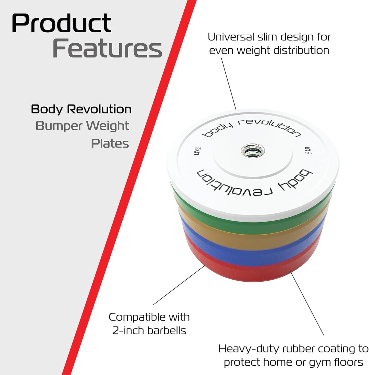 Rote Olympische Bumper Plates von Body Revolution, 2 x 25 kg, mit strapazierfähiger Gummibeschichtung und schlankem Design für gleichmäßige Gewichtsverteilung