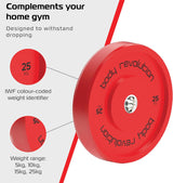 Rote Olympische Bumper Plates von Body Revolution, 25 kg, robustes Material, IWF-farblich gekennzeichnet, ideal für das Home Gym