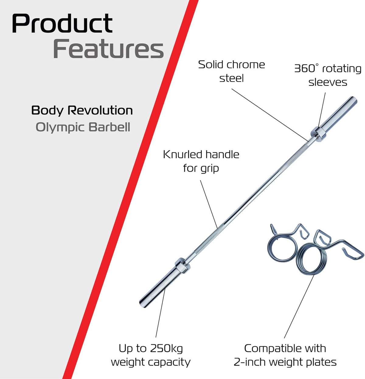 Olympische Hantelstange aus solidem Chromstahl, 182 cm lang, mit rutschfestem Griff, drehbaren Hülse und bis zu 250 kg Tragfähigkeit