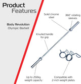 Olympische Hantelstange aus solidem Chromstahl, 182 cm lang, mit rutschfestem Griff, drehbaren Hülse und bis zu 250 kg Tragfähigkeit