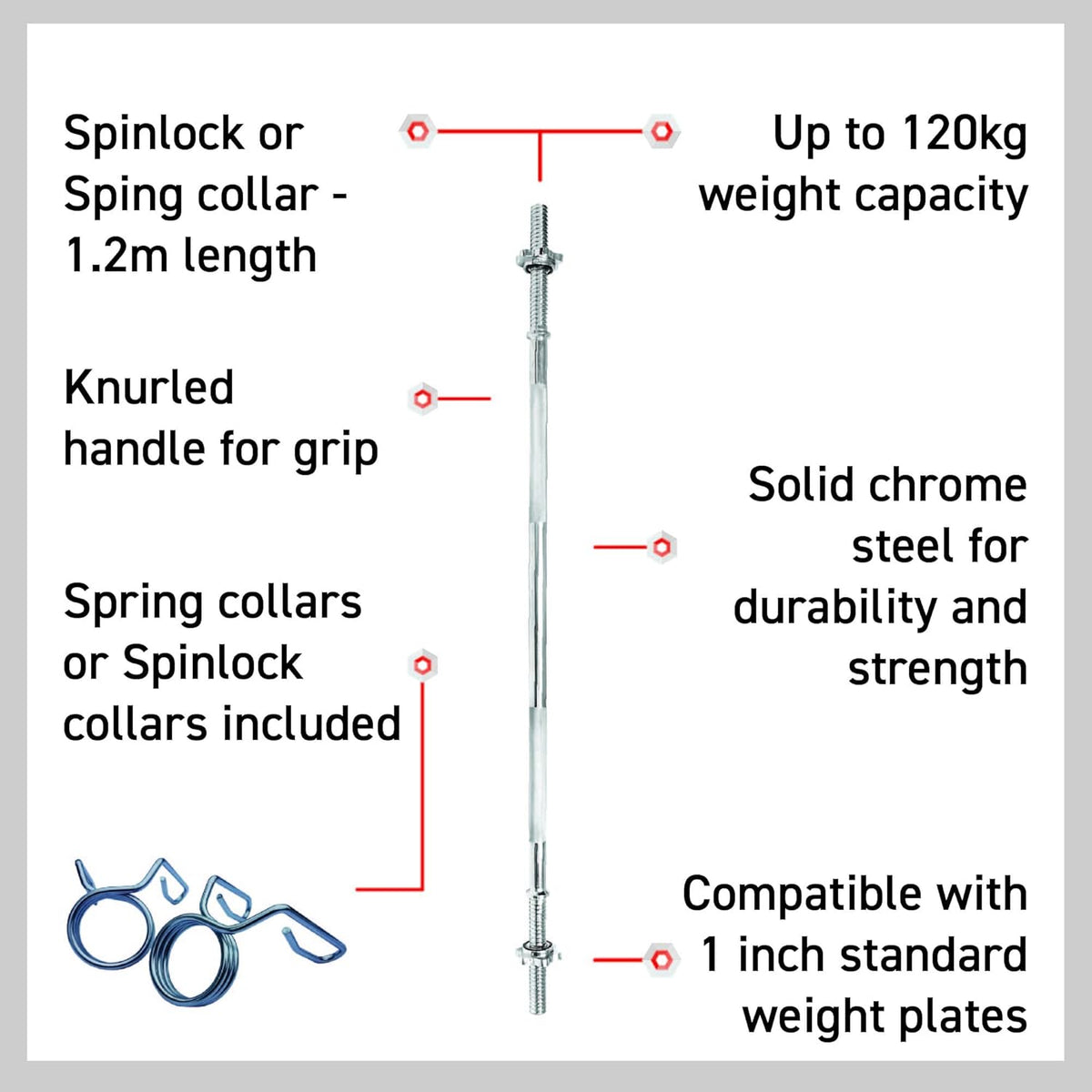 Gerade Hantelstange aus verchromtem Stahl, 1,2 m lang, mit rutschfestem Griff, Spinlock und einer Tragfähigkeit von bis zu 120 kg