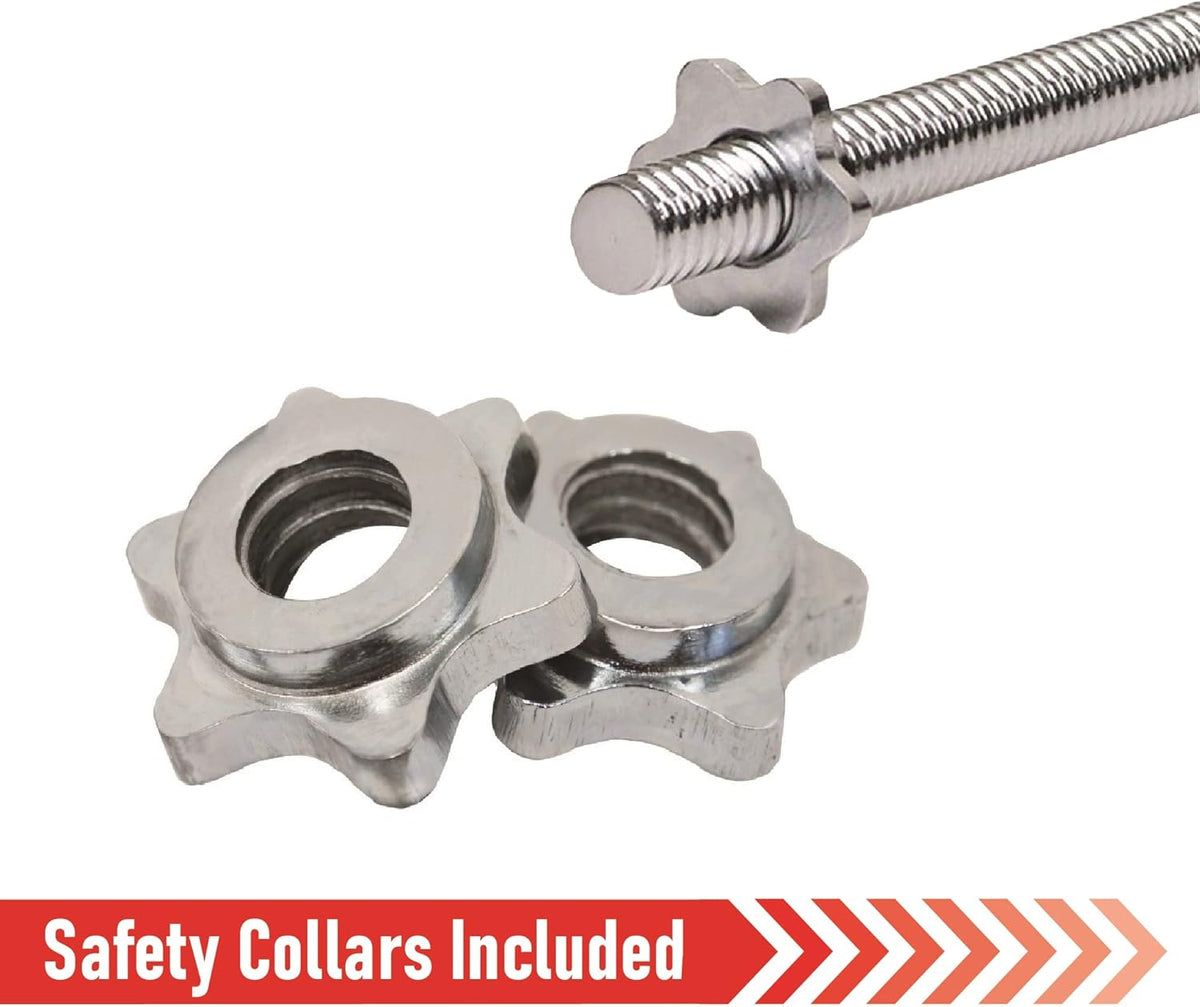 Metallische Spinlock-Sicherheitsverschlüsse in Sternform, glänzend und robust, neben einer Hantelstange aus Stahl mit feiner Oberflächenstruktur