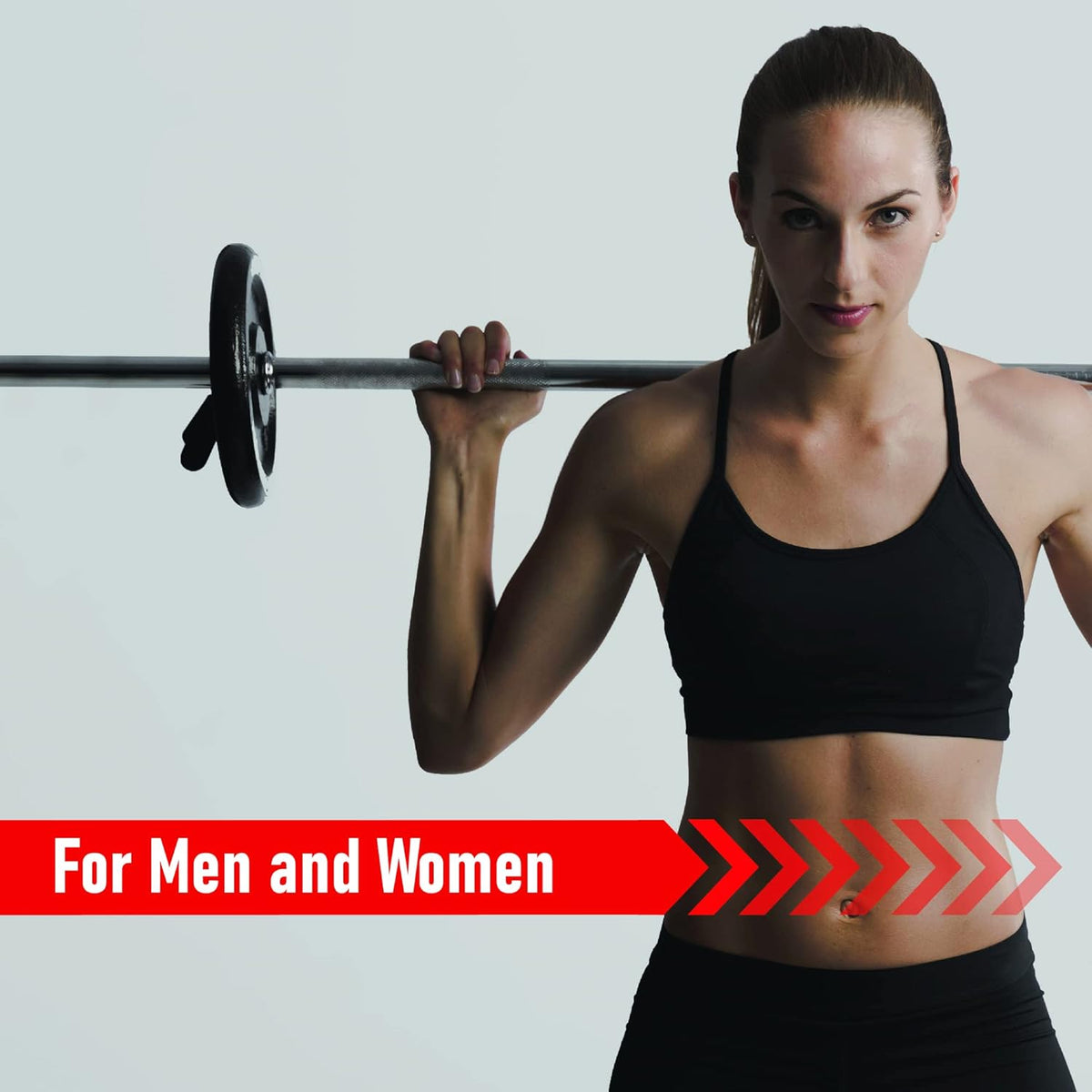 Gerade Hantelstange 1.2m in silberner Farbe, gehalten von einer sportlichen Frau in schwarzem Top, ideal für Männer und Frauen im Fitnessbereich