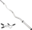 Kraftvolle EZ Curl Stange aus glänzendem Stahl, 1,2 m lang, mit ergonomischer Wellenform und zwei Federverschlüssen für sicheres Training