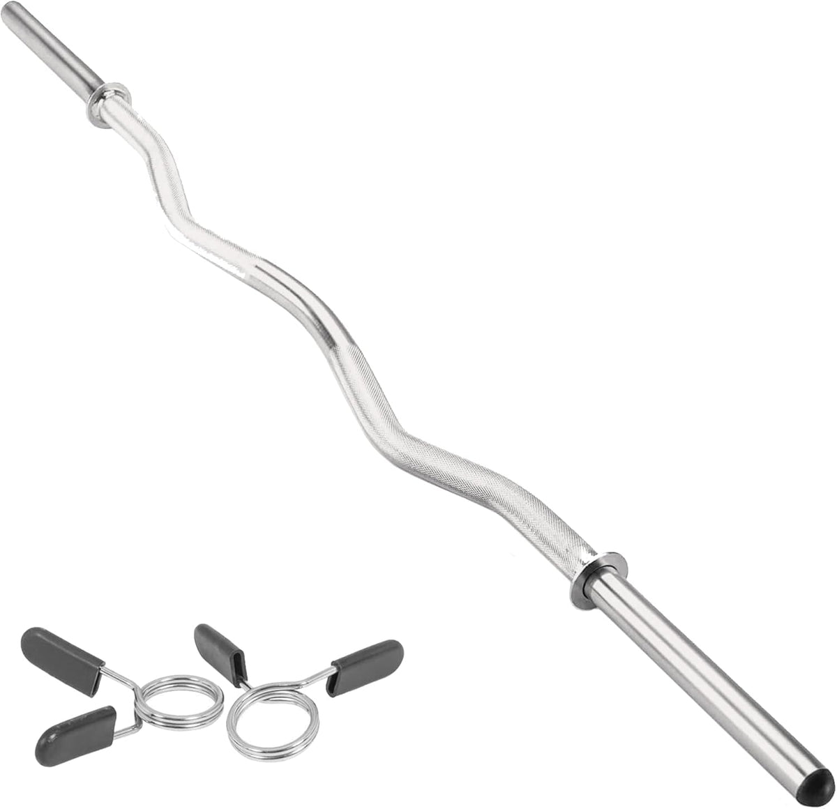 Kraftvolle EZ Curl Stange aus glänzendem Stahl, 1,2 m lang, mit ergonomischer Wellenform und zwei Federverschlüssen für sicheres Training