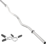Kraftvolle EZ Curl Stange aus glänzendem Stahl, 1,2 m lang, mit ergonomischer Wellenform und zwei Federverschlüssen für sicheres Training