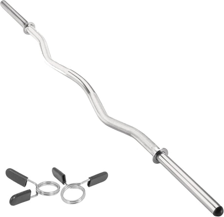 Kraftvolle EZ Curl Stange aus glänzendem Stahl, 1,2 m lang, mit ergonomischer Wellenform und zwei Federverschlüssen für sicheres Training