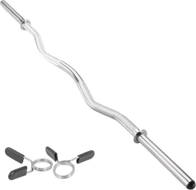Kraftvolle EZ Curl Stange aus glänzendem Stahl, 1,2 m lang, mit ergonomischer Wellenform und zwei Federverschlüssen für sicheres Training