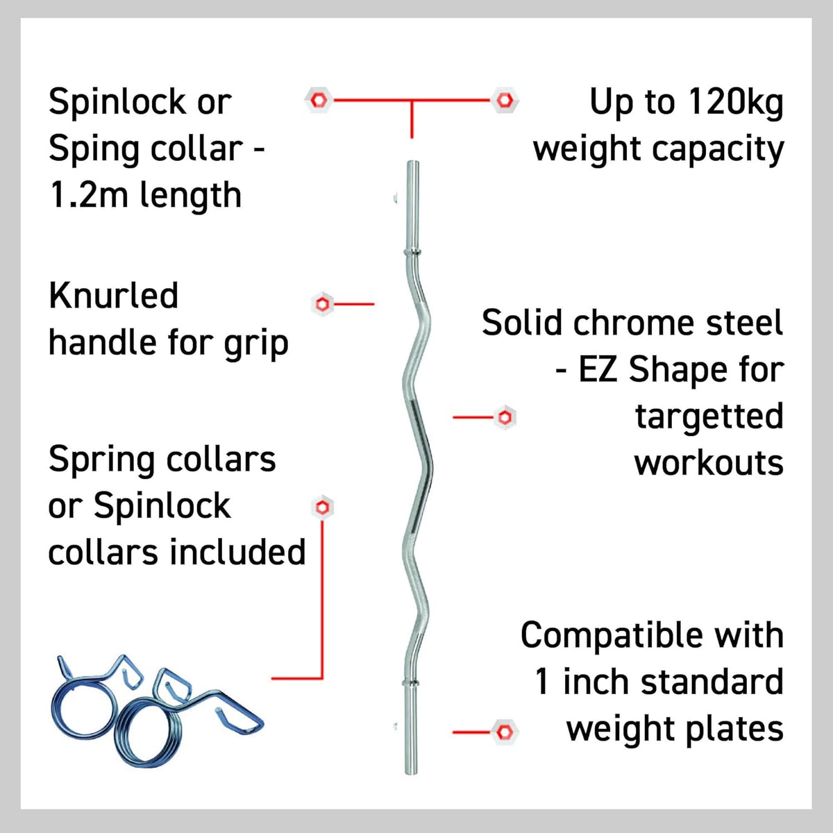EZ Curl Stange aus solidem verchromtem Stahl, 1,2 m lang, mit knurled Griff, Federverschlüssen und Wellenform für gezielte Workouts