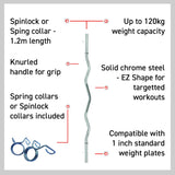 EZ Curl Stange aus solidem verchromtem Stahl, 1,2 m lang, mit knurled Griff, Federverschlüssen und Wellenform für gezielte Workouts