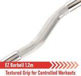 Krafttraining EZ Curl Stange 1,2 m mit rutschfestem Griff, silberner Metalloberfläche und Federverschlüssen für sicheres Heben