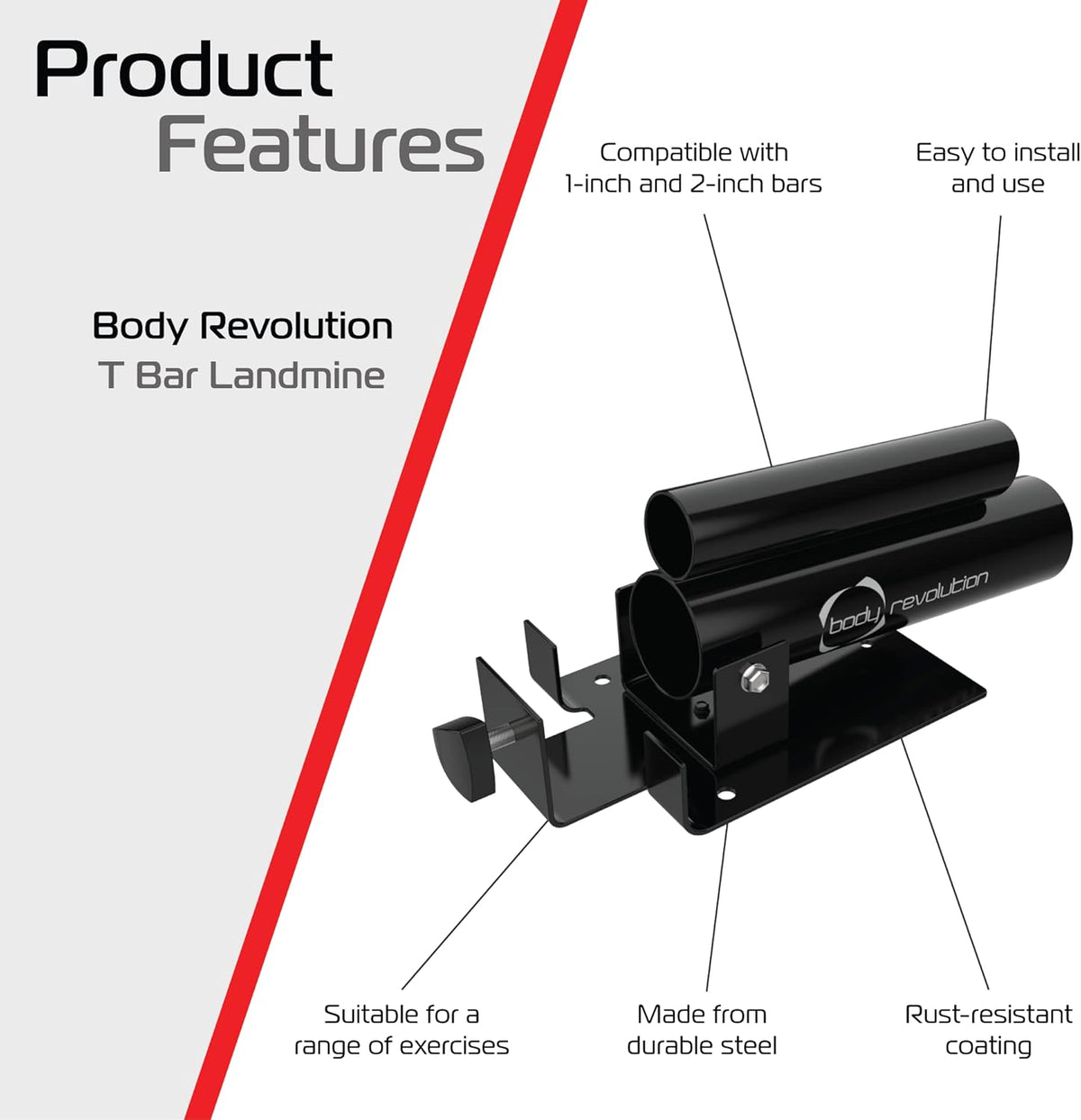 Schwarze T-Bar Landmine von Body Revolution, aus robustem Stahl, geeignet für verschiedene Übungen, rostbeständige Beschichtung, einfach zu installieren und zu verwenden