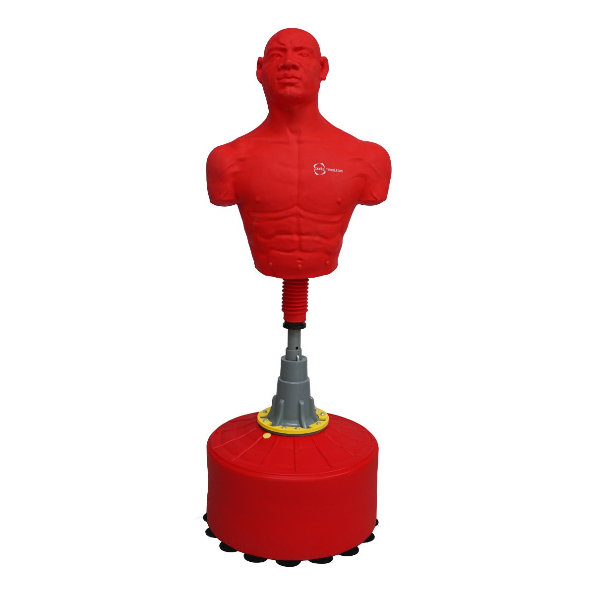 Freistehender Boxdummy in leuchtendem Rot, mit muskulösem Oberkörper und stabiler Basis, ideal für Boxtraining und Selbstverteidigung
