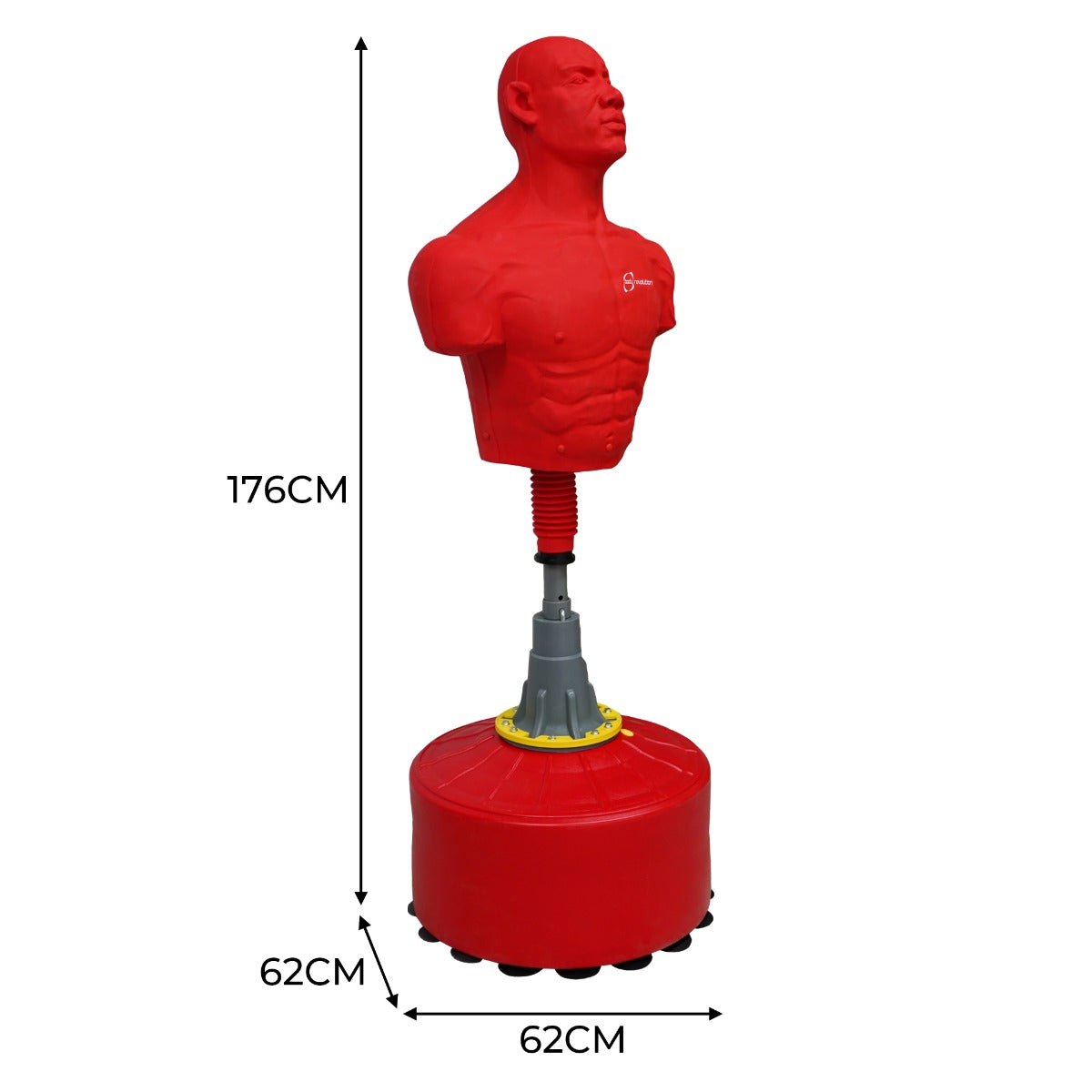 Freistehender Boxdummy in Rot mit muskulösem Oberkörper, 176 cm hoch und 62 cm Durchmesser, ideal für Boxtraining und Selbstverteidigung