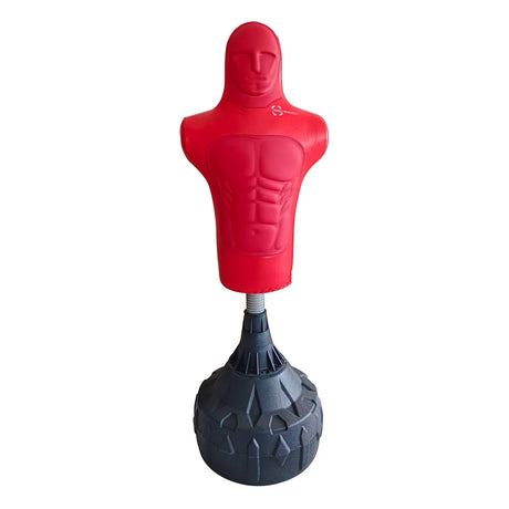 Freistehender Boxdummy in leuchtendem Rot mit muskulösem Oberkörper und stabiler schwarzer Basis, ideal für das Boxtraining und Selbstverteidigung