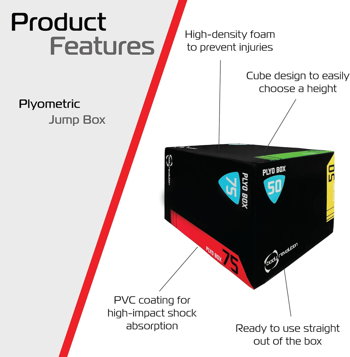Große Body Revolution Plyo Box in Schwarz mit bunten Akzenten, aus hochdichtem Schaumstoff für Sicherheit und Stoßdämpfung, ideal für Plyometrik-Training