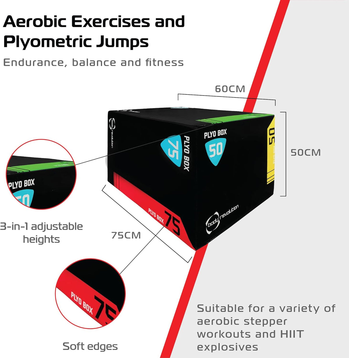 Große Body Revolution Plyo Box in Schwarz mit grünen und roten Akzenten, 3-in-1 höhenverstellbar, ideal für Aerobic- und Plyometrie-Übungen