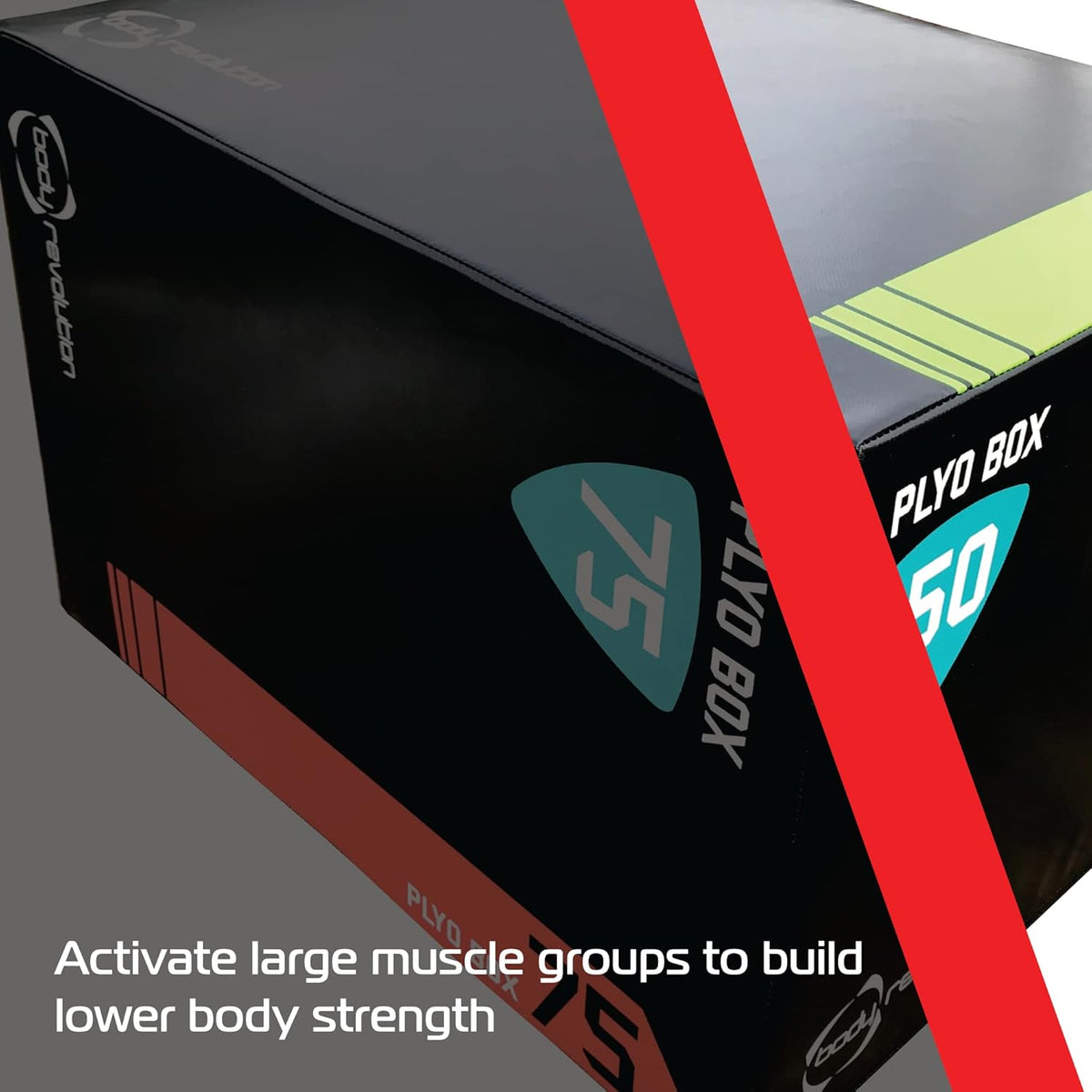 Große Body Revolution Plyo Box in Schwarz mit farbigen Markierungen, ideal für plyometrisches Training und Stärkung der unteren Körpermuskulatur