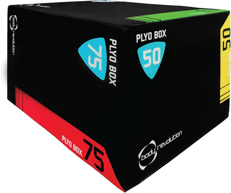 Große Body Revolution Plyo Box in Schwarz mit bunten Markierungen in Grün, Gelb und Rot, ideal für plyometrisches Training und Fitnessübungen