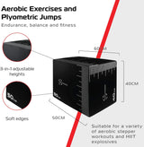 Schwarze Plyo Box mit drei verstellbaren Höhen von 40 cm, 50 cm und 60 cm, ideal für Plyometrie- und Aerobic-Übungen, mit weichen Kanten