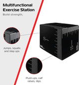 Schwarze Plyo Box mit weißen Markierungen, ideal für Sprünge, Kniebeugen und Dips, bietet vielseitige Trainingsmöglichkeiten und verschiedene Höhenoptionen