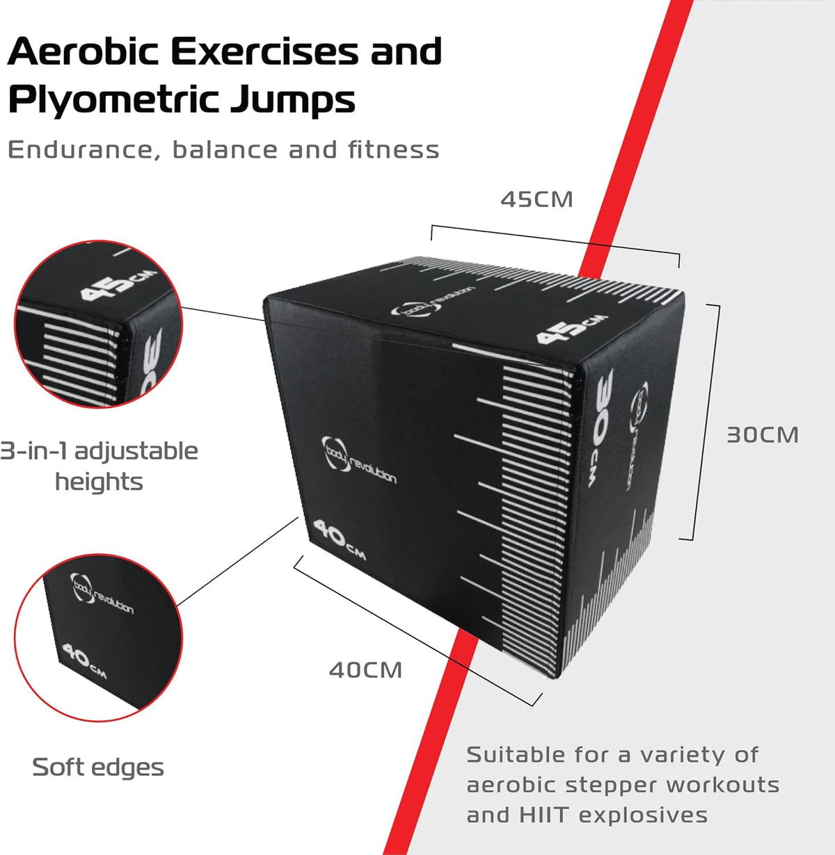 Kleine Body Revolution Plyo Box in Schwarz mit weißen Maßlinien, 3-in-1 höhenverstellbar, ideal für Plyometrie- und Aerobic-Übungen