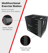 Kleine Body Revolution Plyo Box in Schwarz mit weißen Maßlinien, ideal für Sprünge, Dips und Krafttraining, vielseitig einsetzbar für Fitnessübungen