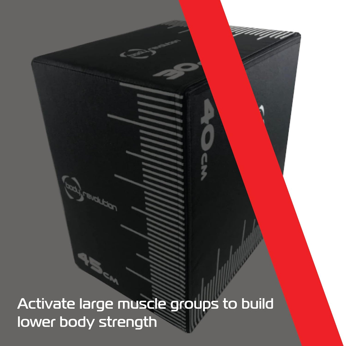 Schwarze Plyo Box mit Maßstab, 45 cm hoch, 40 cm tief, ideal für Krafttraining und Muskelaktivierung im Unterkörper