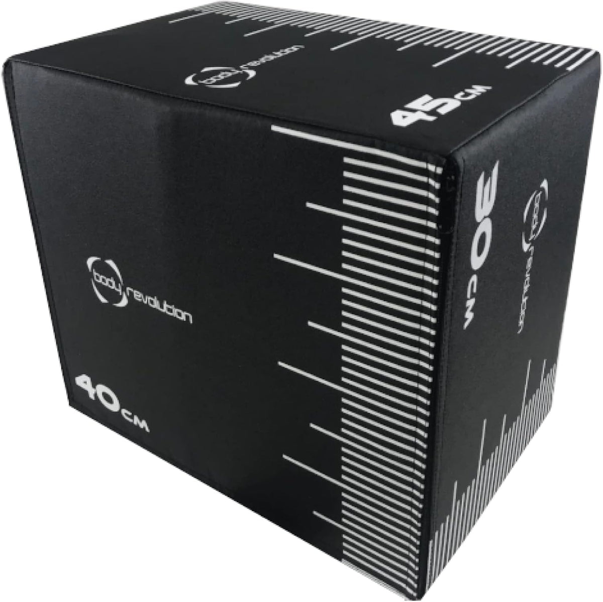 Schwarze Plyo Box von Body Revolution mit Maßstab, 30 cm, 40 cm und 45 cm hoch, aus strapazierfähigem Material für sicheres Training