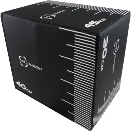 Schwarze Plyo Box von Body Revolution mit Maßstab, 30 cm, 40 cm und 45 cm hoch, aus strapazierfähigem Material für sicheres Training