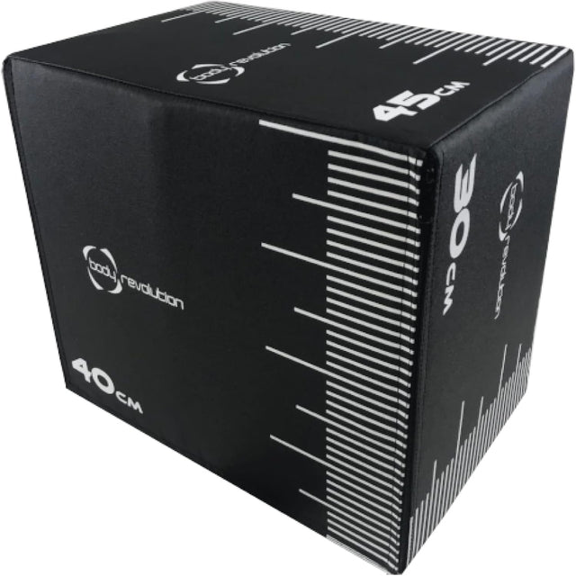 Schwarze Plyo Box von Body Revolution mit Maßstab, 30 cm, 40 cm und 45 cm hoch, aus strapazierfähigem Material für sicheres Training