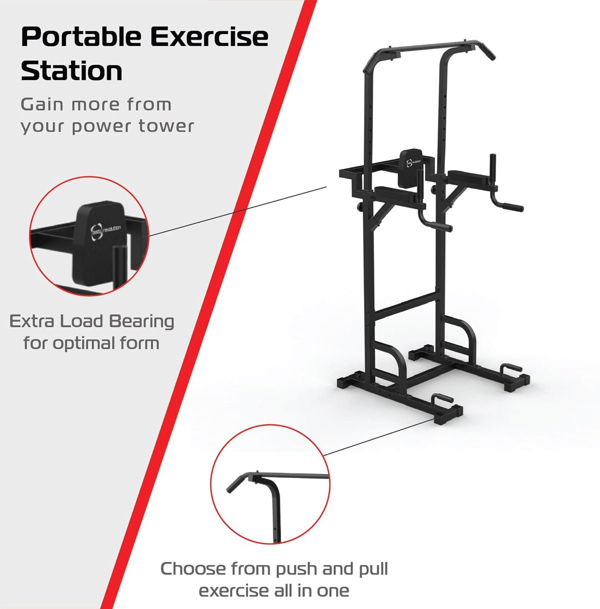 Schwarze Power Tower für Schwerlasttraining mit stabilen Griffen, verstellbaren Halterungen und robustem Design für effektives Ganzkörpertraining