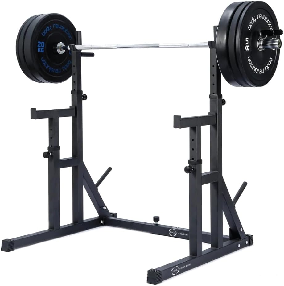Schwarzer Squat Rack von Body Revolution mit einer Langhantel und Gewichten, ideal für Krafttraining und Fitnessübungen, stabil und robust