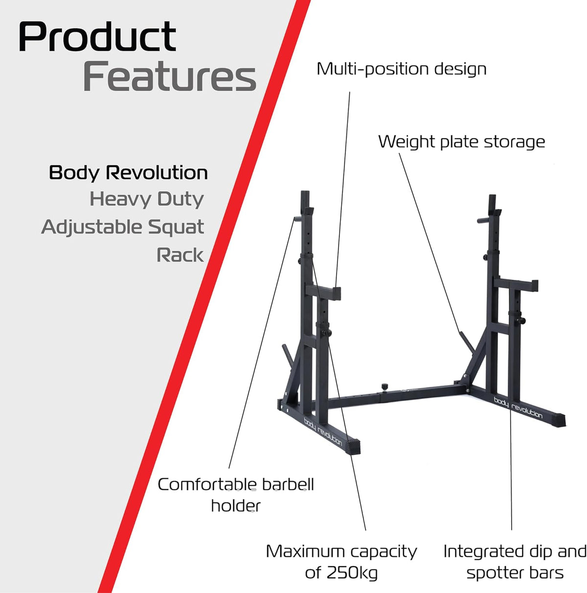 Schwarzer, robuster Squat Rack mit verstellbarem Design, Platz für Gewichte, komfortablem Langhantelhalter und einer maximalen Kapazität von 250 kg