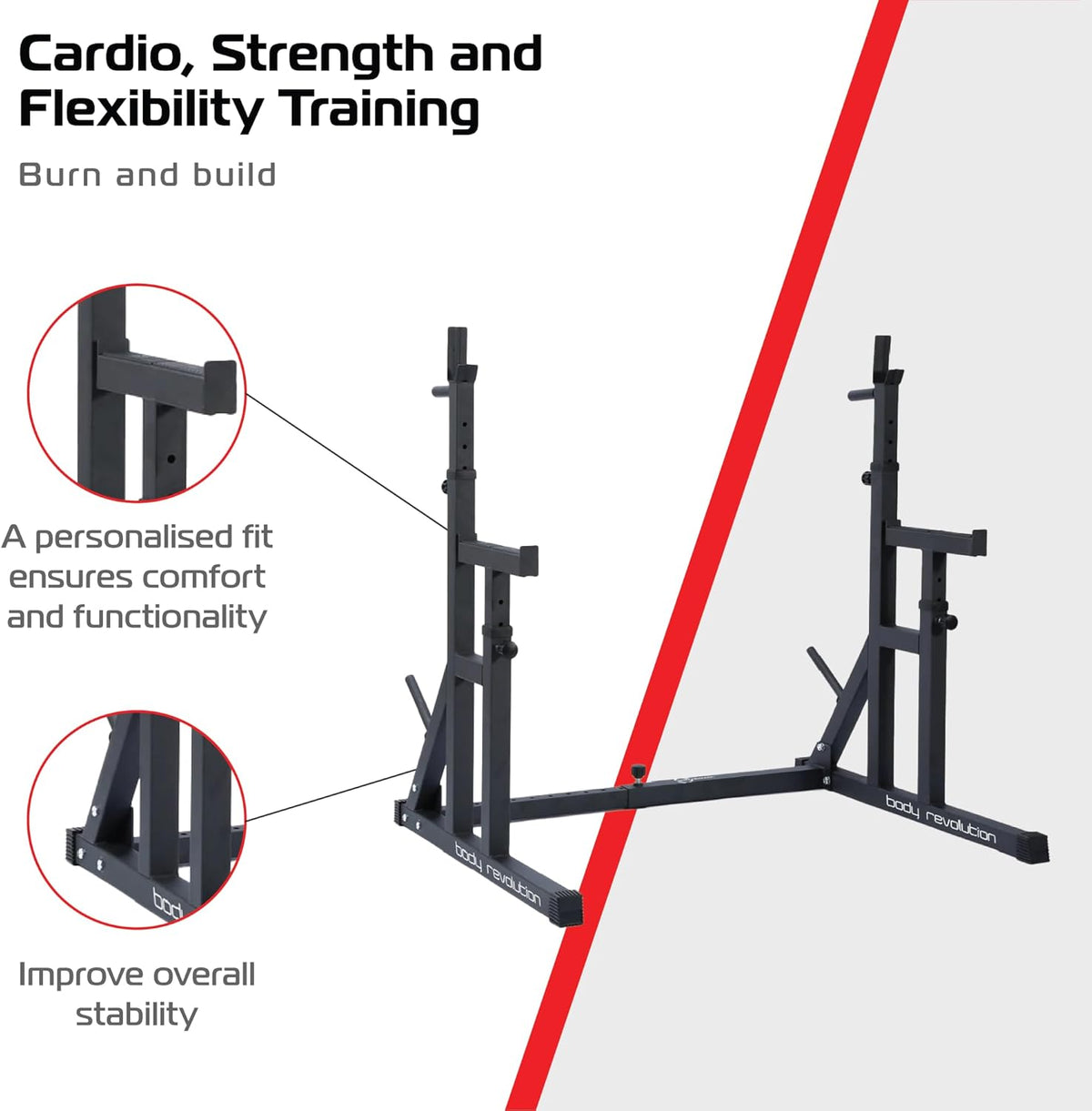 Schwarzer Squat Rack von Body Revolution mit stabiler Konstruktion, verstellbaren Halterungen und modernem Design für effektives Krafttraining