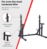 Schwarzer Squat Rack mit stabiler Konstruktion, 250 kg Tragfähigkeit, ideal für olympisches Gewichtheben und intensives Training