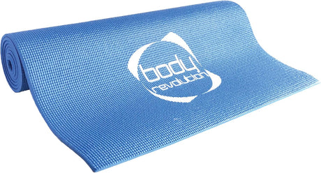 Blaue Yogamatte von Body Revolution mit rutschfester, strukturierten Oberfläche, ideal für Yoga und Fitness, bietet Komfort und Stabilität