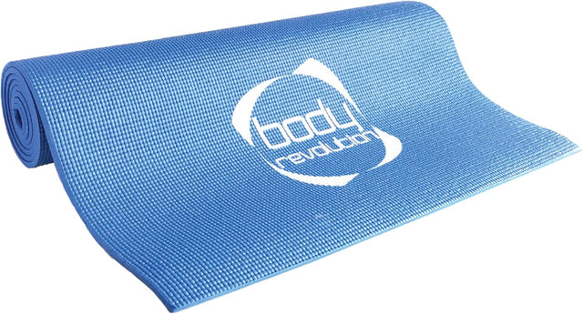 Blaue Yogamatte von Body Revolution mit rutschfester, strukturierten Oberfläche, ideal für Yoga und Fitness, bietet Komfort und Stabilität