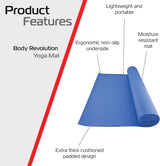 Blaue Yogamatte von Body Revolution mit rutschfester Unterseite, dick gepolstert, leicht und feuchtigkeitsbeständig, ideal für Yoga und Fitness