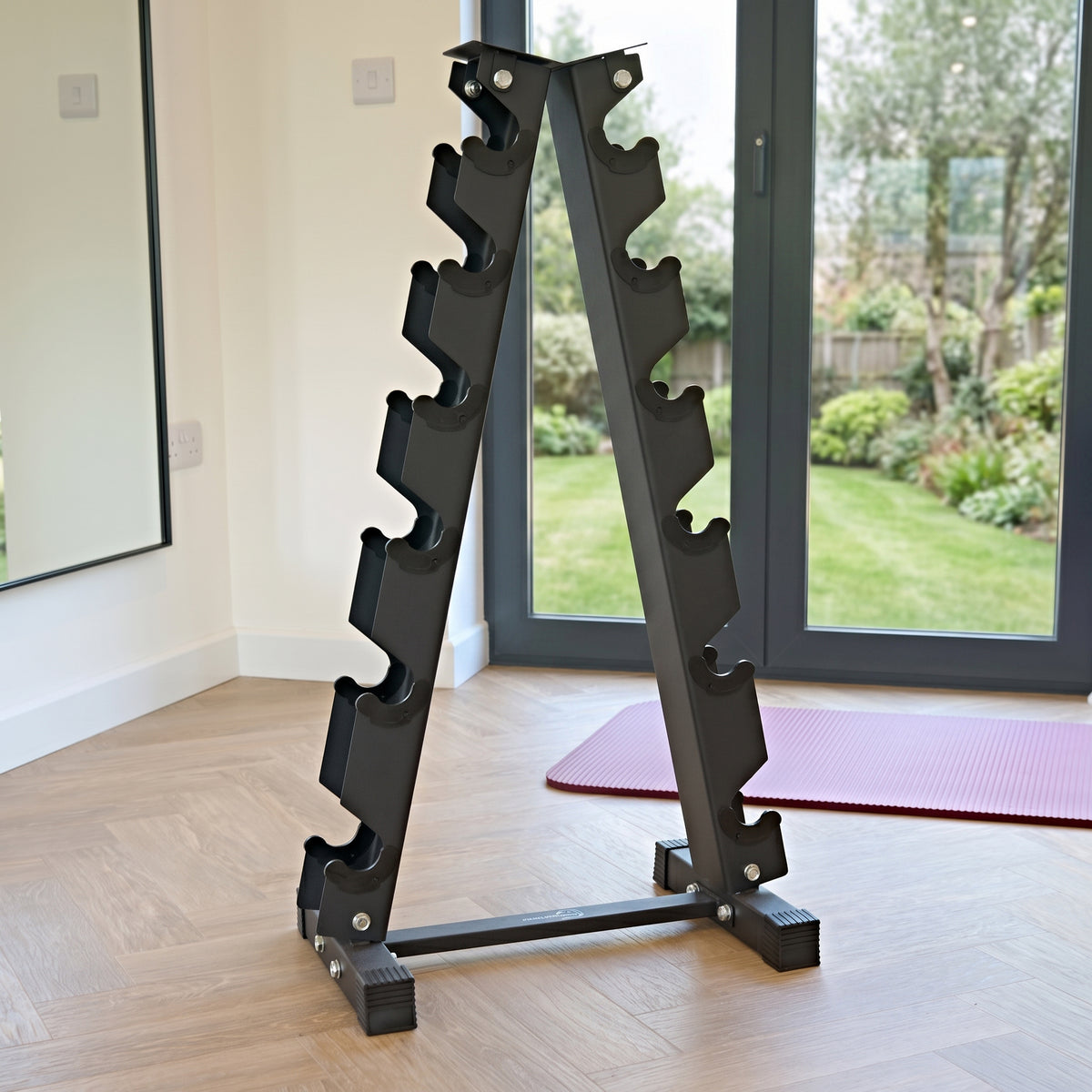 Schwarzer 6-stufiger Kurzhantelständer aus robustem Metall, ideal für Fitnessstudios, mit rutschfesten Füßen und modernem Design