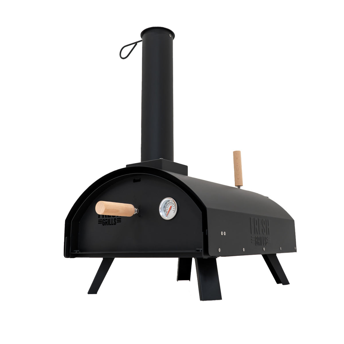 Klassischer Outdoor-Pizzaofen in mattem Schwarz mit Holzgriffen, runder Form, Temperaturanzeige und einem hohen Schornstein für optimale Hitzeverteilung