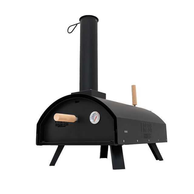 Klassischer Outdoor-Pizzaofen in mattem Schwarz mit Holzgriffen, runder Form, Temperaturanzeige und einem hohen Schornstein für optimale Hitzeverteilung