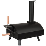 Klassischer Outdoor-Pizzaofen in Schwarz mit runder Form, Holzgriffen und einem hohen Schornstein, ideal für das Zubereiten von Pizza im Freien