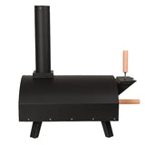 Klassischer Outdoor-Pizzaofen in mattem Schwarz mit Holzgriff, runder Form und Kamin, ideal für das Zubereiten von Pizza im Freien