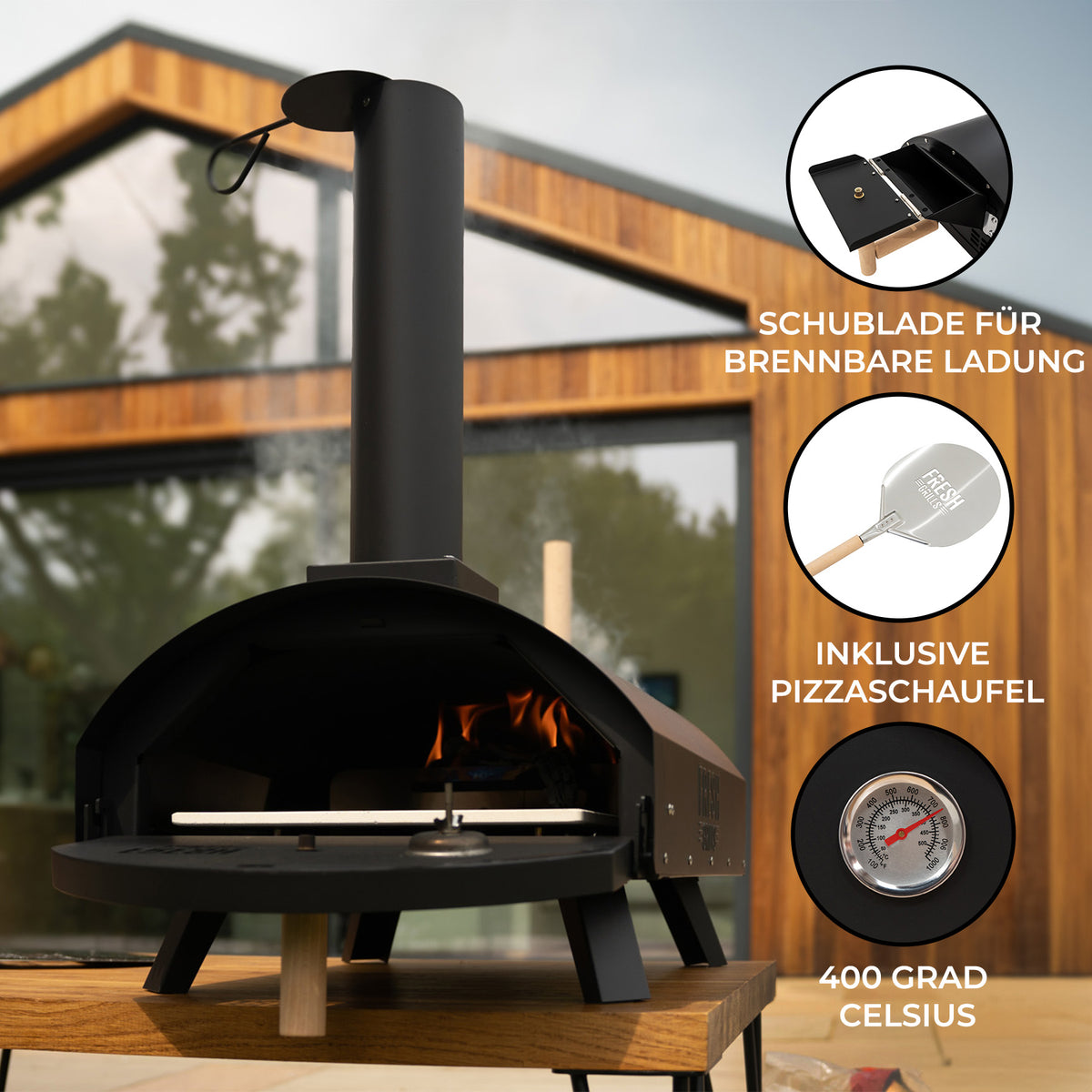 Klassischer Outdoor-Pizzaofen aus robustem Metall, schwarz lackiert, mit Holzfeuerstelle, integrierter Temperaturanzeige und Pizzaschaufel, ideal für Gartenpartys