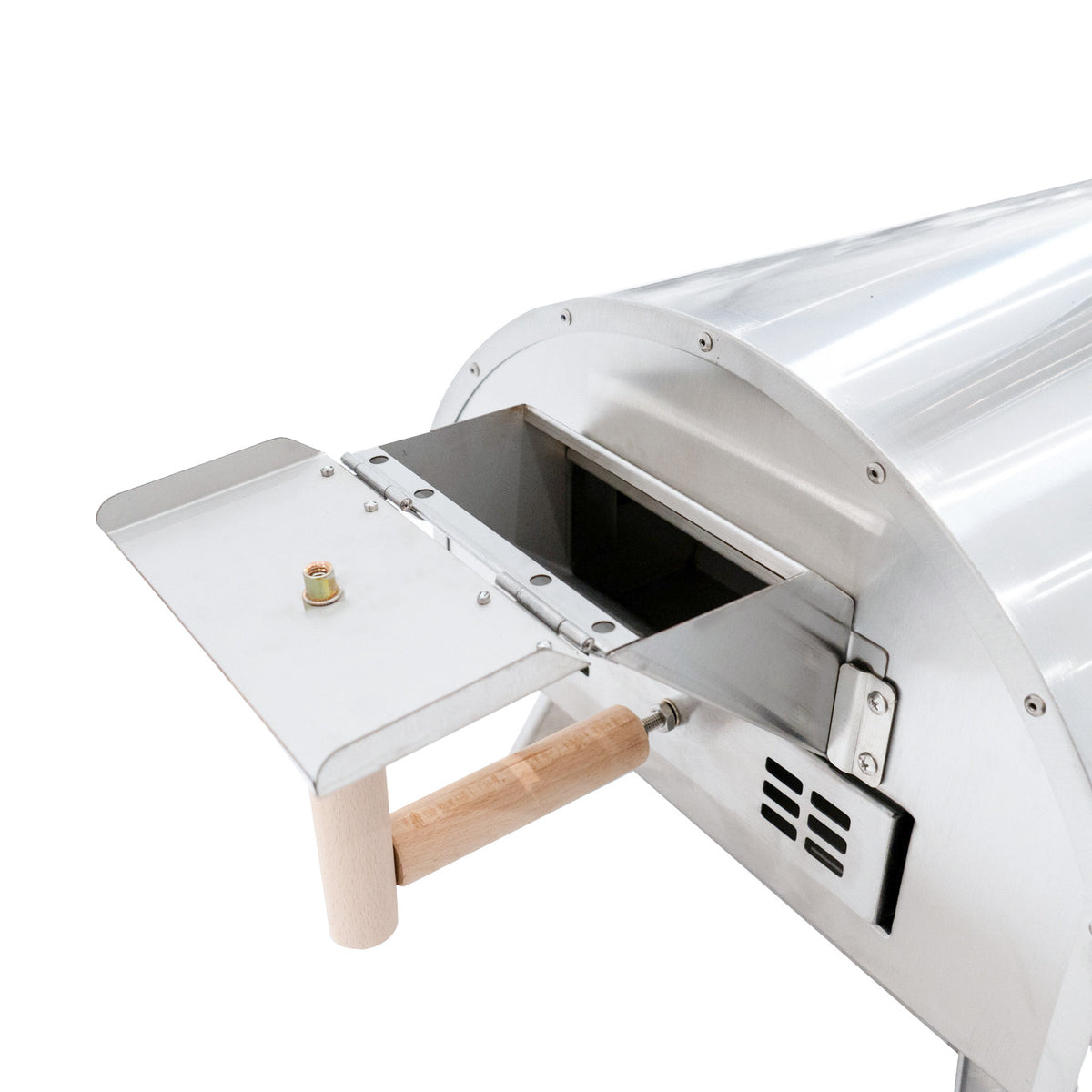 Hochwertiger Outdoor-Pizzaofen aus Edelstahl mit glänzender Oberfläche, Holzgriff und einem großen, offenen Backbereich für optimale Hitzeverteilung