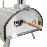 Hochwertiger Outdoor-Pizzaofen aus Edelstahl mit gebürsteter Oberfläche, Holzgriff und Temperaturanzeige für perfekte Pizzazubereitung