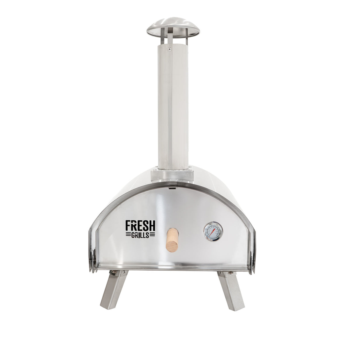 Eleganter Premium Outdoor-Pizzaofen aus Edelstahl mit einem glänzenden Finish, einem hohen Kamin und einem integrierten Thermometer für präzises Backen