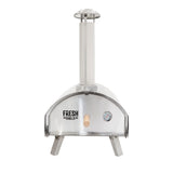 Eleganter Premium Outdoor-Pizzaofen aus Edelstahl mit einem glänzenden Finish, einem hohen Kamin und einem integrierten Thermometer für präzises Backen