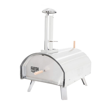 Hochwertiger, extra großer Outdoor-Pizzaofen aus Edelstahl mit glänzender Oberfläche, runder Form und stabilen Füßen für optimale Stabilität